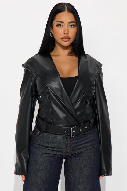 Rebel Hooded Faux Leather Moto Jacket - Black