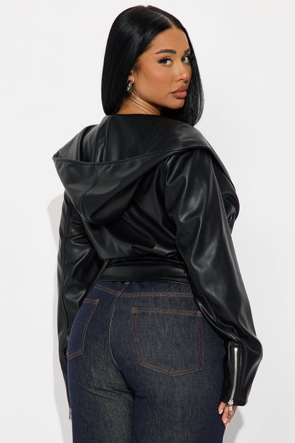 Rebel Hooded Faux Leather Moto Jacket - Black