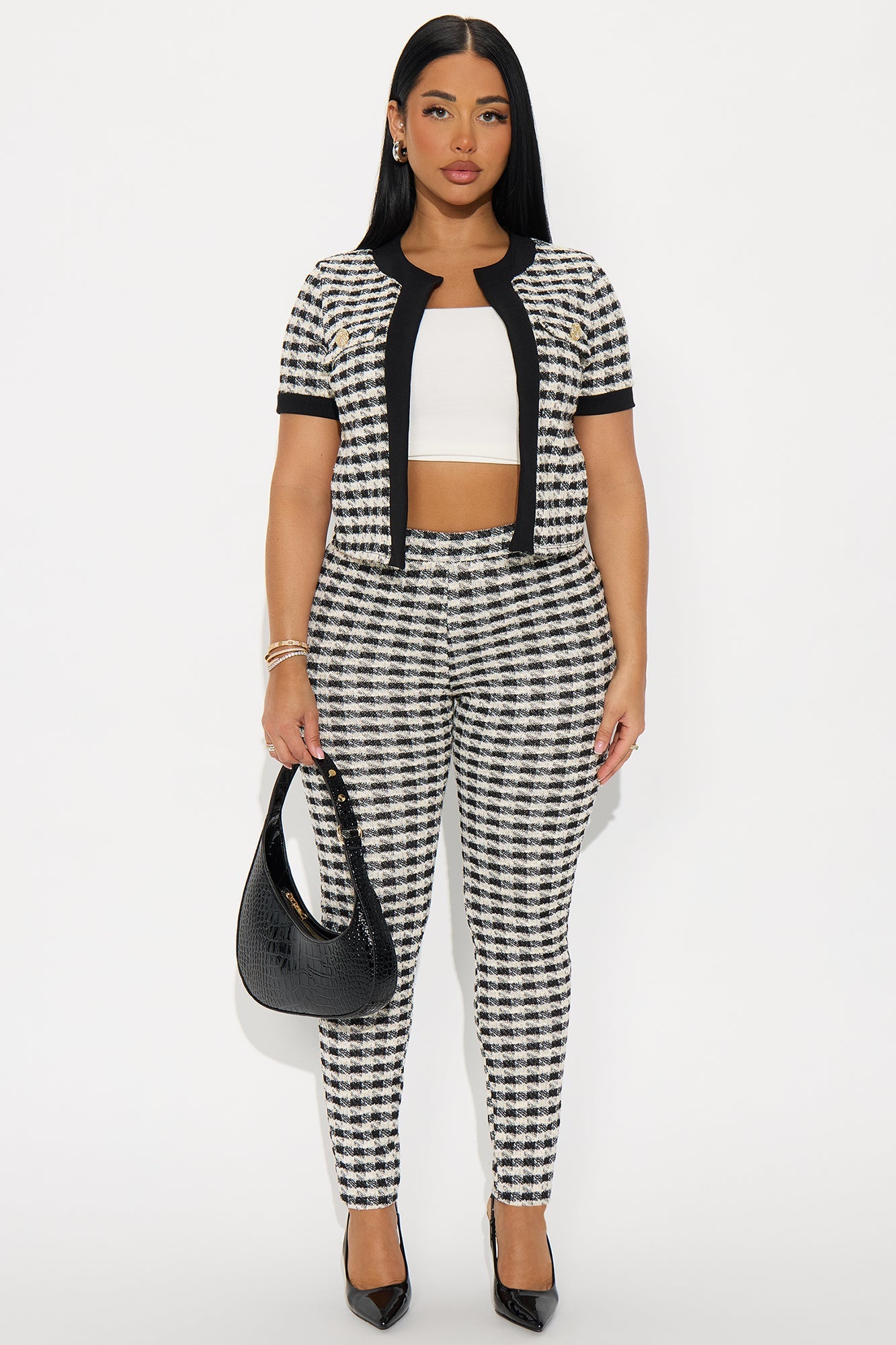 Delanie Short Sleeve Knit Tweed Pant Set - Black/White