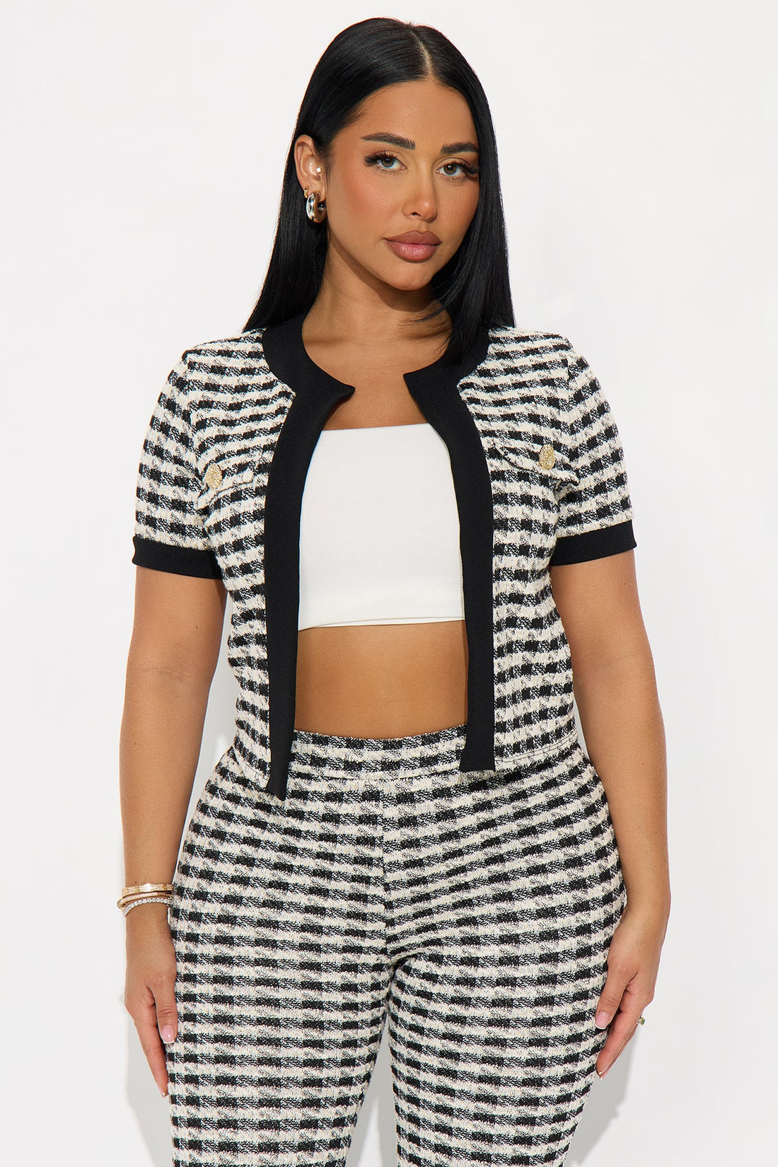 Delanie Short Sleeve Knit Tweed Pant Set - Black/White