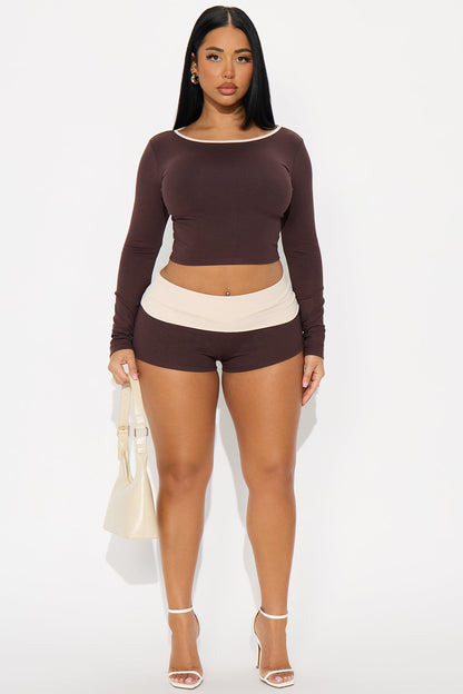 Chill Mode Long Sleeve Foldover Waistband Short Set - Chocolate/Combo