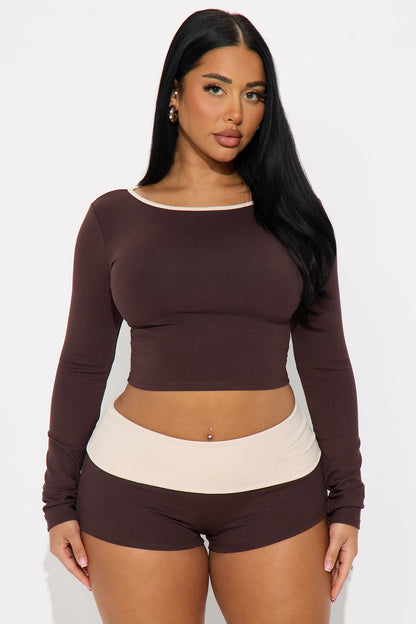 Chill Mode Long Sleeve Foldover Waistband Short Set - Chocolate/Combo