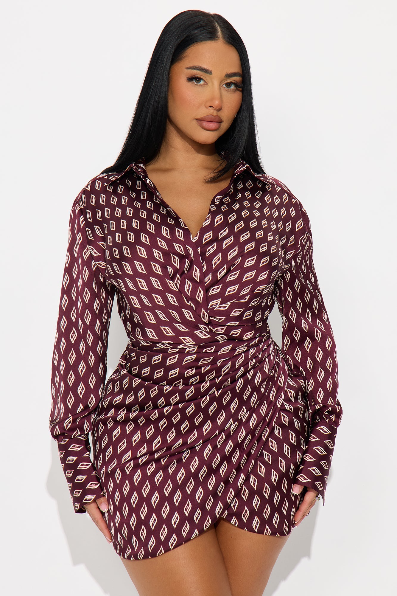 Cassie Collar Shirt Mini Dress - Burgundy/combo