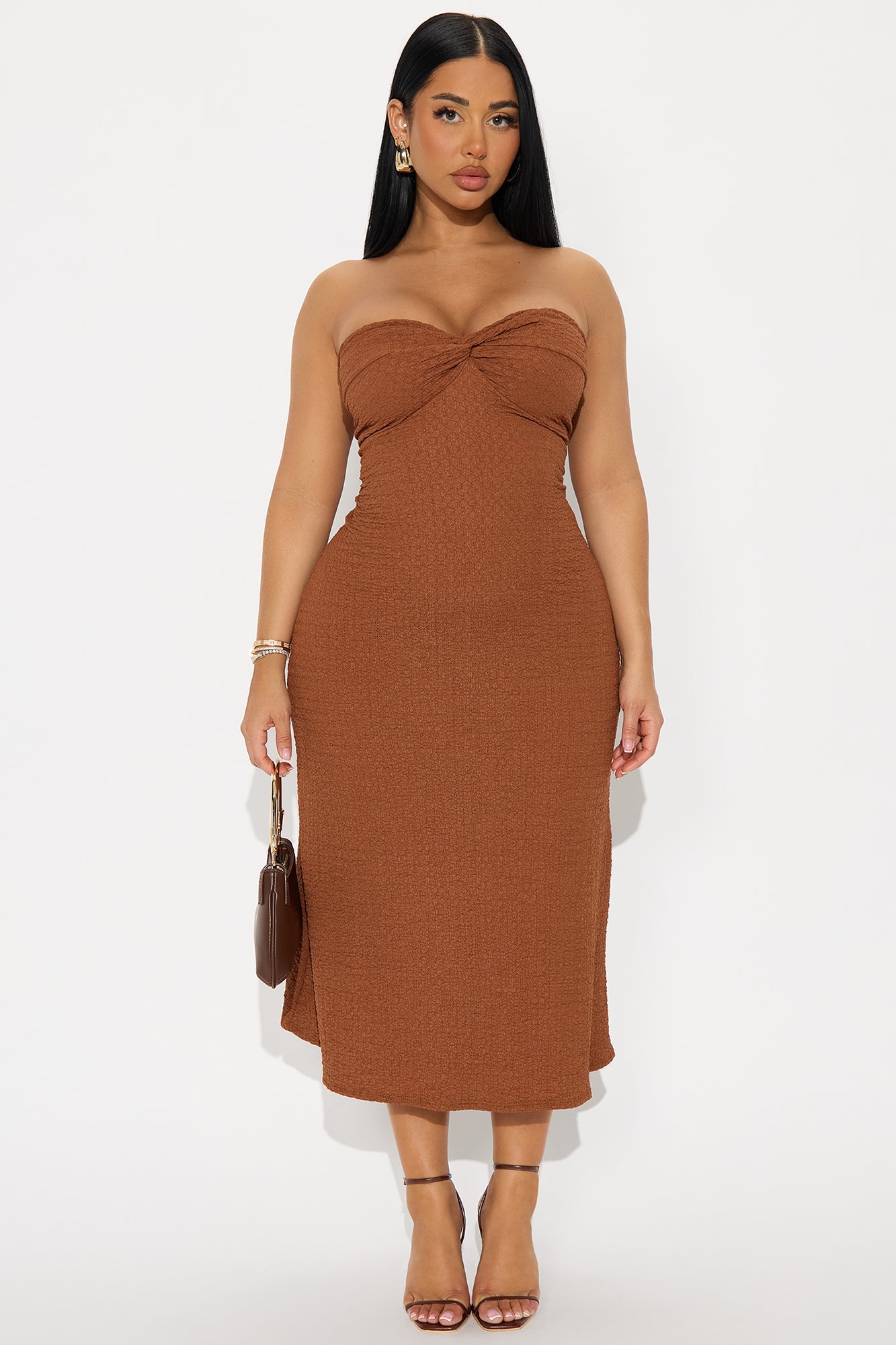 Serena Strapless Textured Midi Dress - Mocha