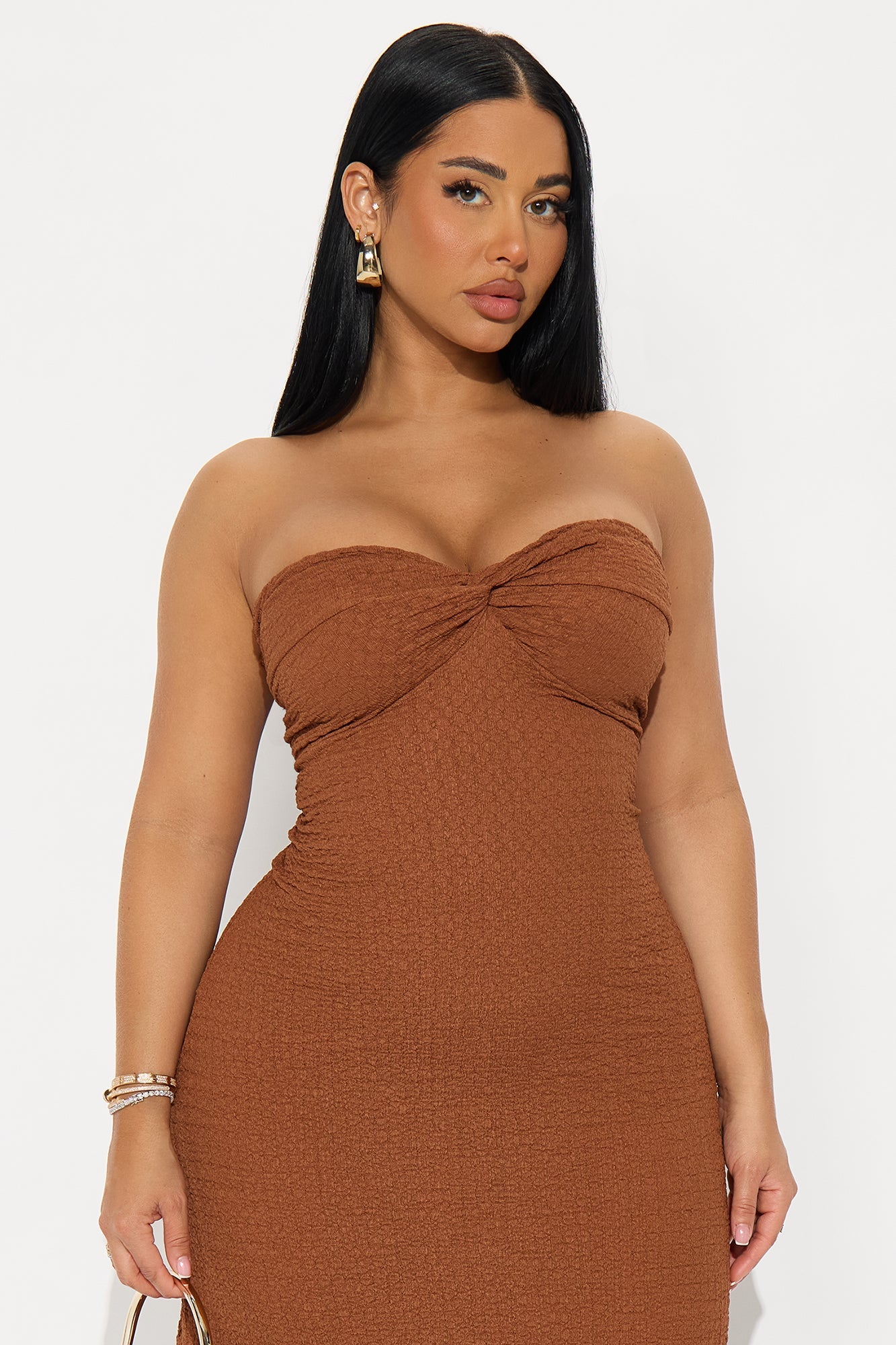 Serena Strapless Textured Midi Dress - Mocha