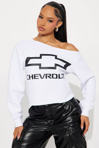 Chevrolet Off Shoulder Fleece Sweatshirt - White