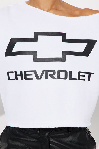Chevrolet Off Shoulder Fleece Sweatshirt - White