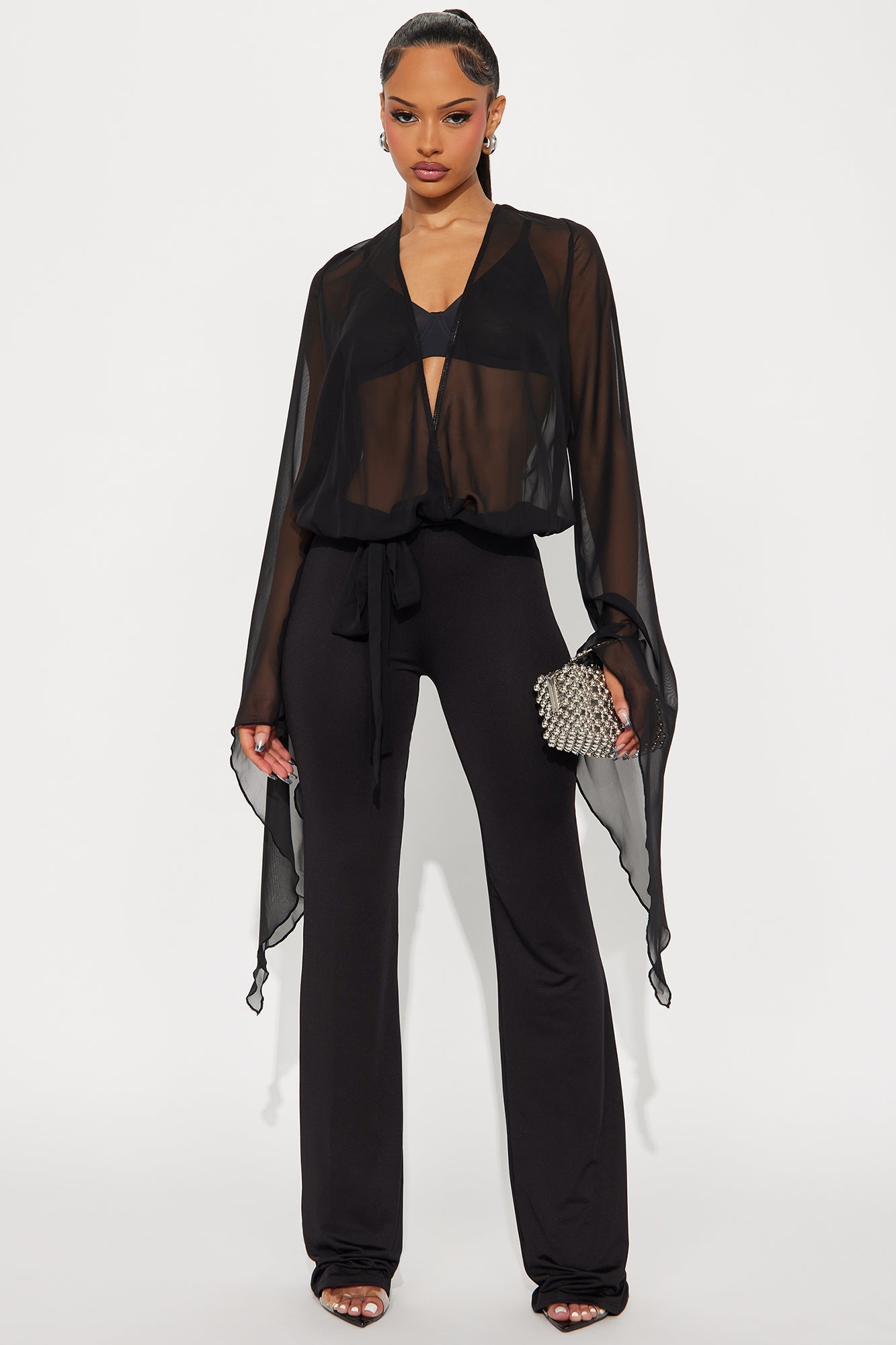 Solstice Sheer Draped Sleeves Jumpsuit - Black