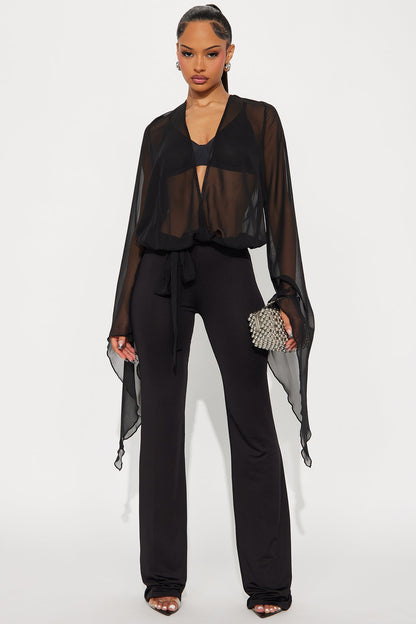 Solstice Sheer Draped Sleeves Jumpsuit - Black