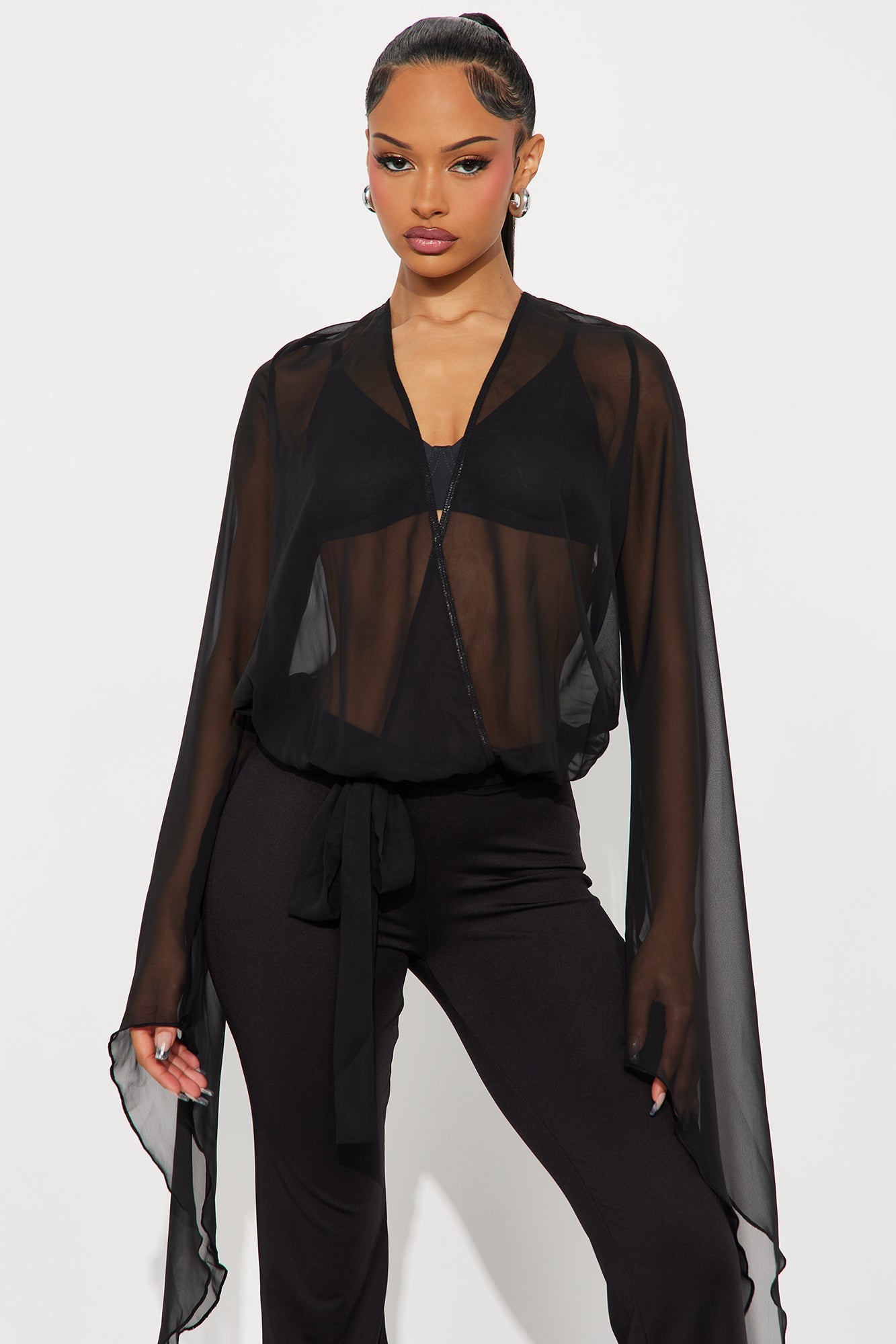 Solstice Sheer Draped Sleeves Jumpsuit - Black