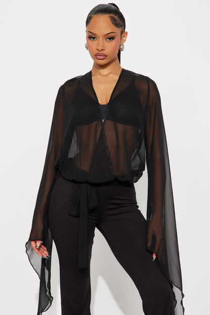 Solstice Sheer Draped Sleeves Jumpsuit - Black