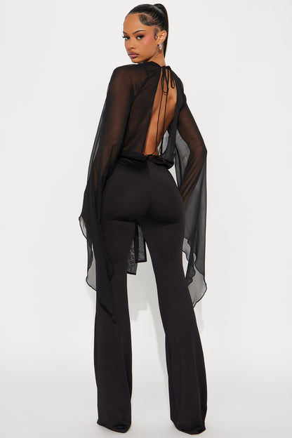 Solstice Sheer Draped Sleeves Jumpsuit - Black