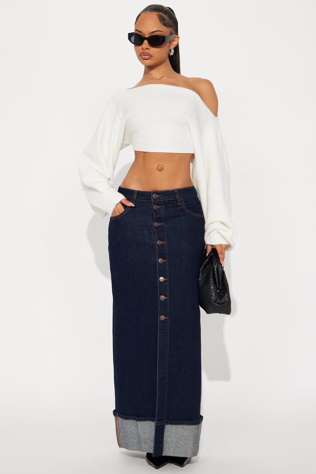 Loulou Mid Rise Denim Cuffed Hem Ankle Maxi Skirt - Rinse Blue Wash