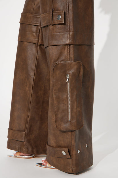 Street Heat Washed Faux Leather Cargo Pant - Brown