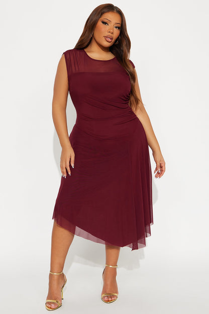 Ayla Asymmetrical Mesh Midi Dress - Wine