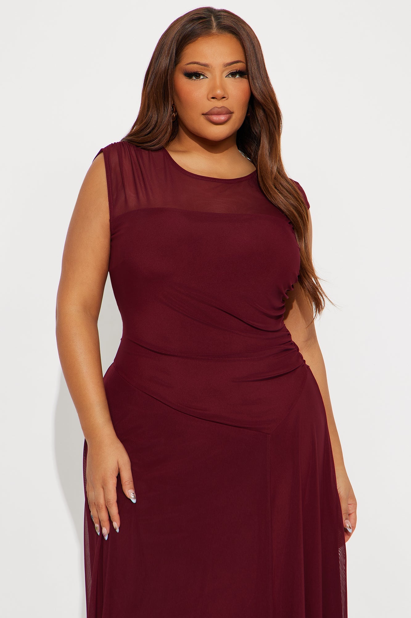 Ayla Asymmetrical Mesh Midi Dress - Wine