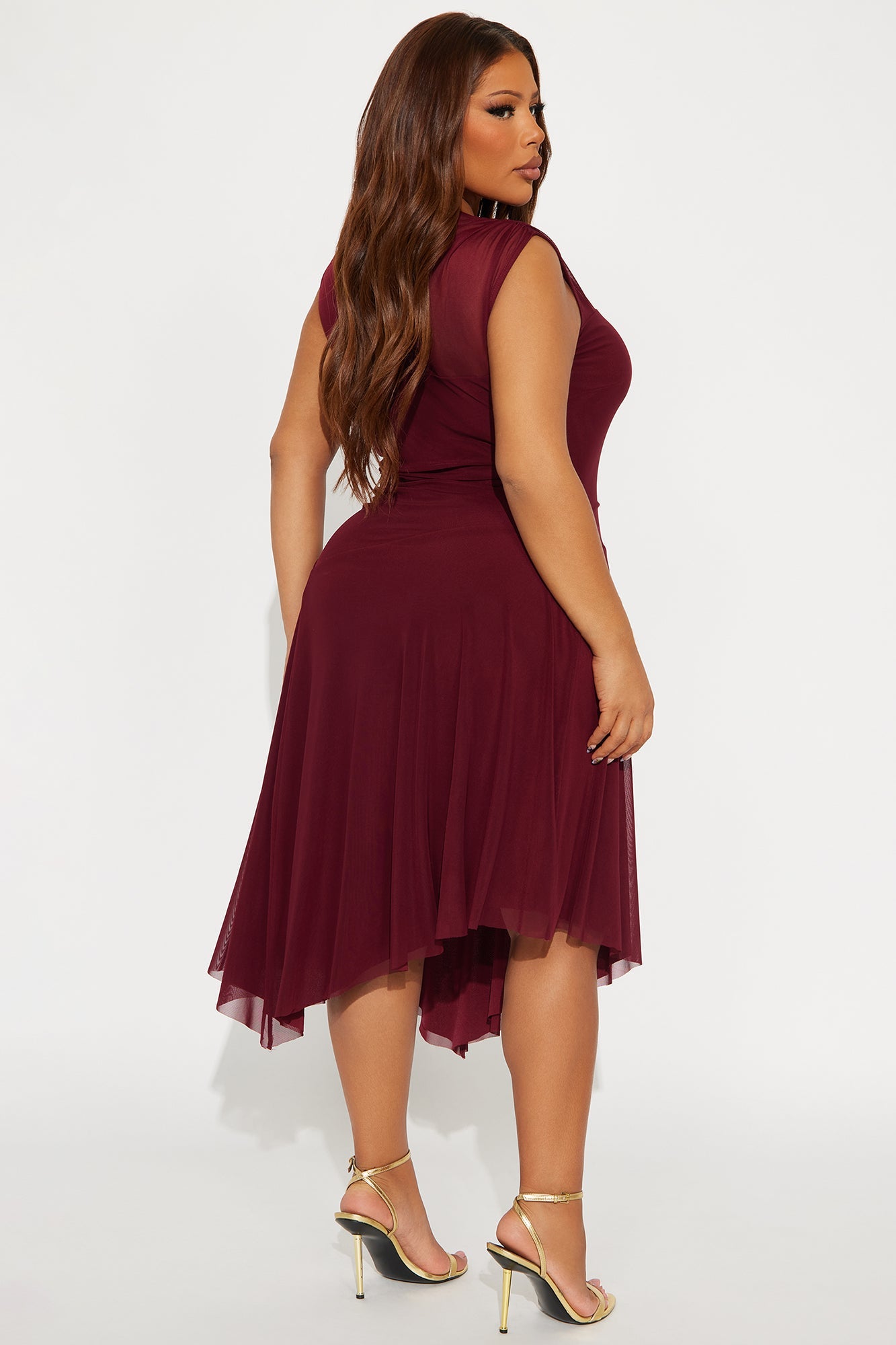Ayla Asymmetrical Mesh Midi Dress - Wine
