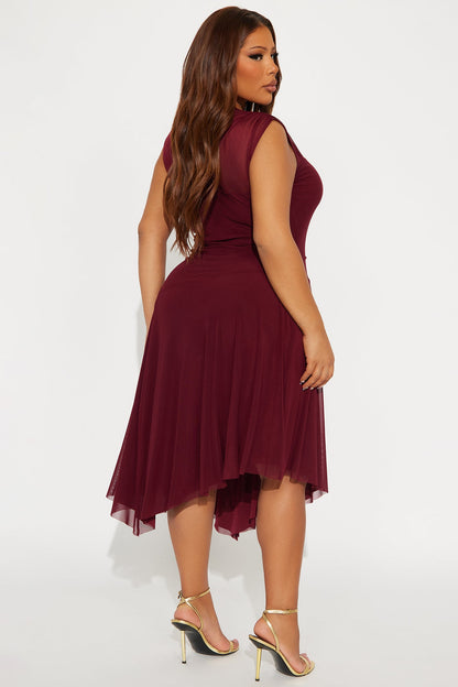 Ayla Asymmetrical Mesh Midi Dress - Wine