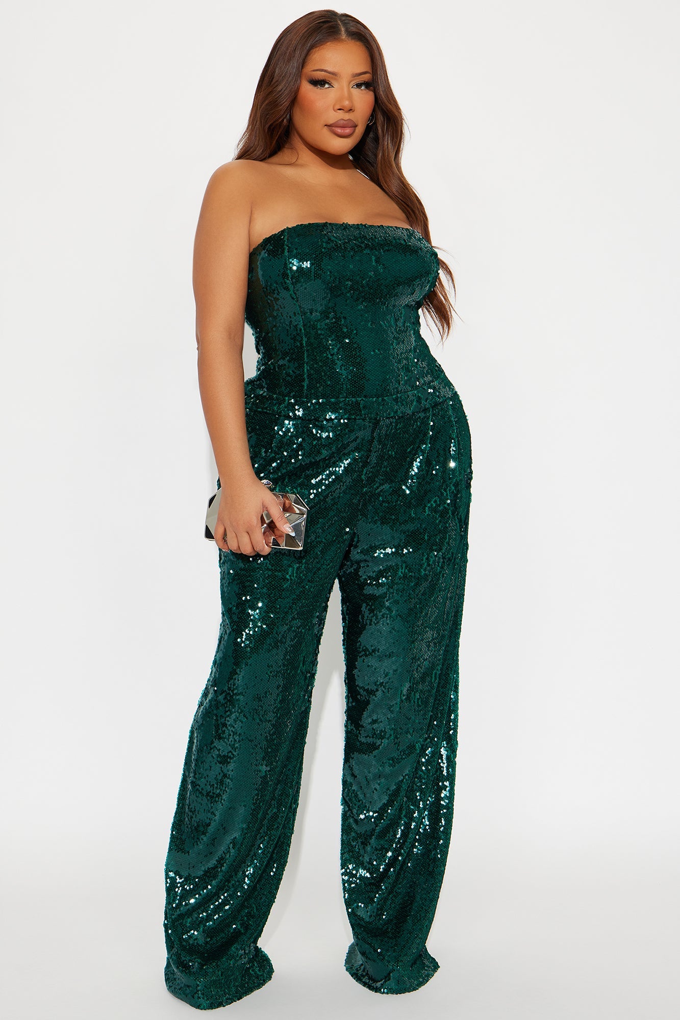 Lulu Sequin Strapless Wide Leg Jumpsuit - Emerald