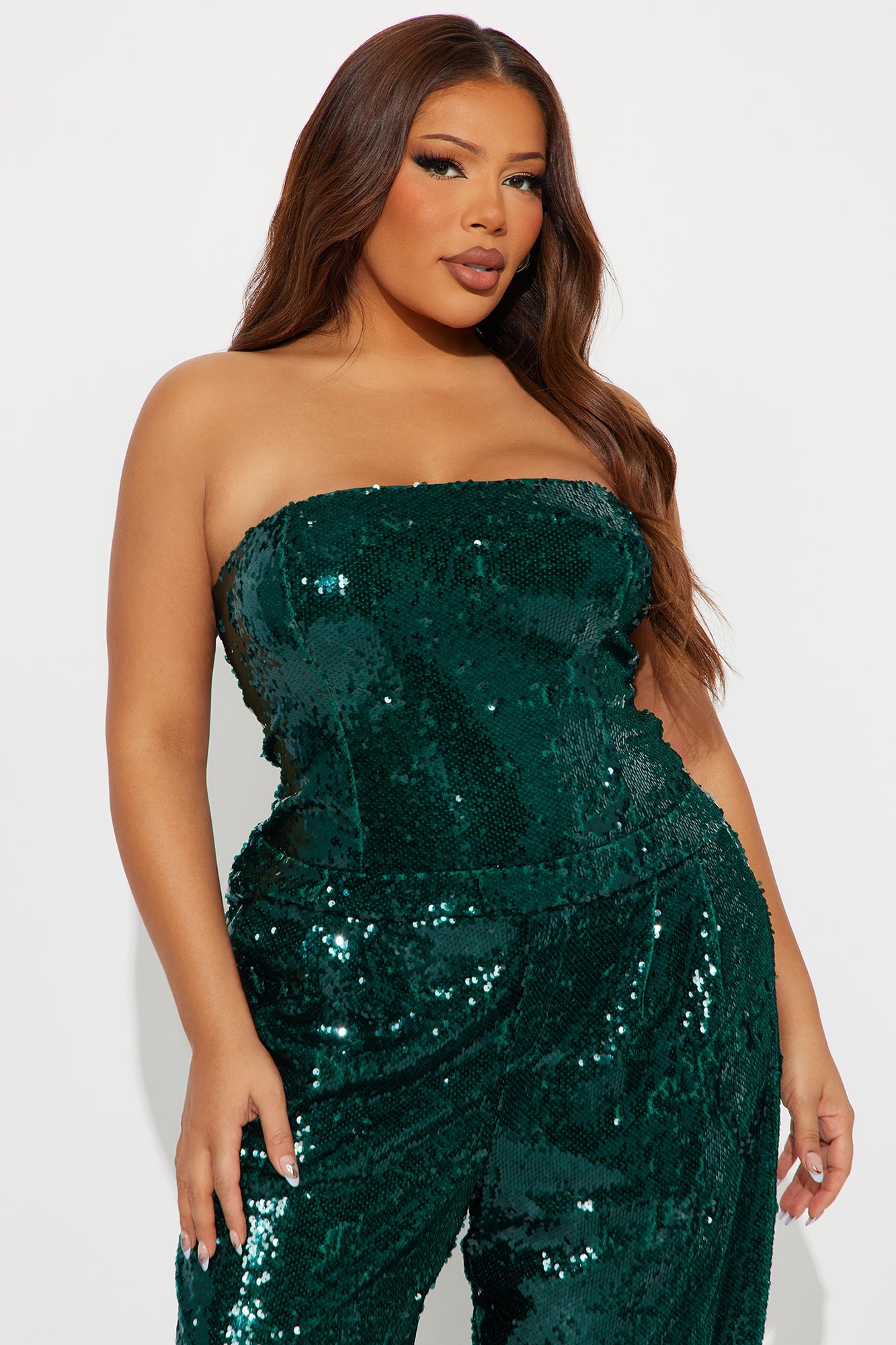 Lulu Sequin Strapless Wide Leg Jumpsuit - Emerald