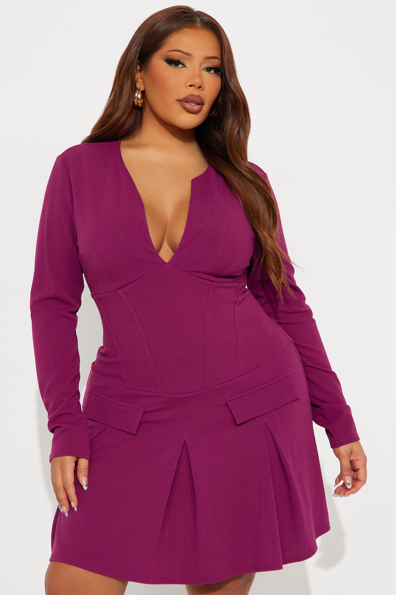 Caprice Pleated Mini Dress - Burgundy