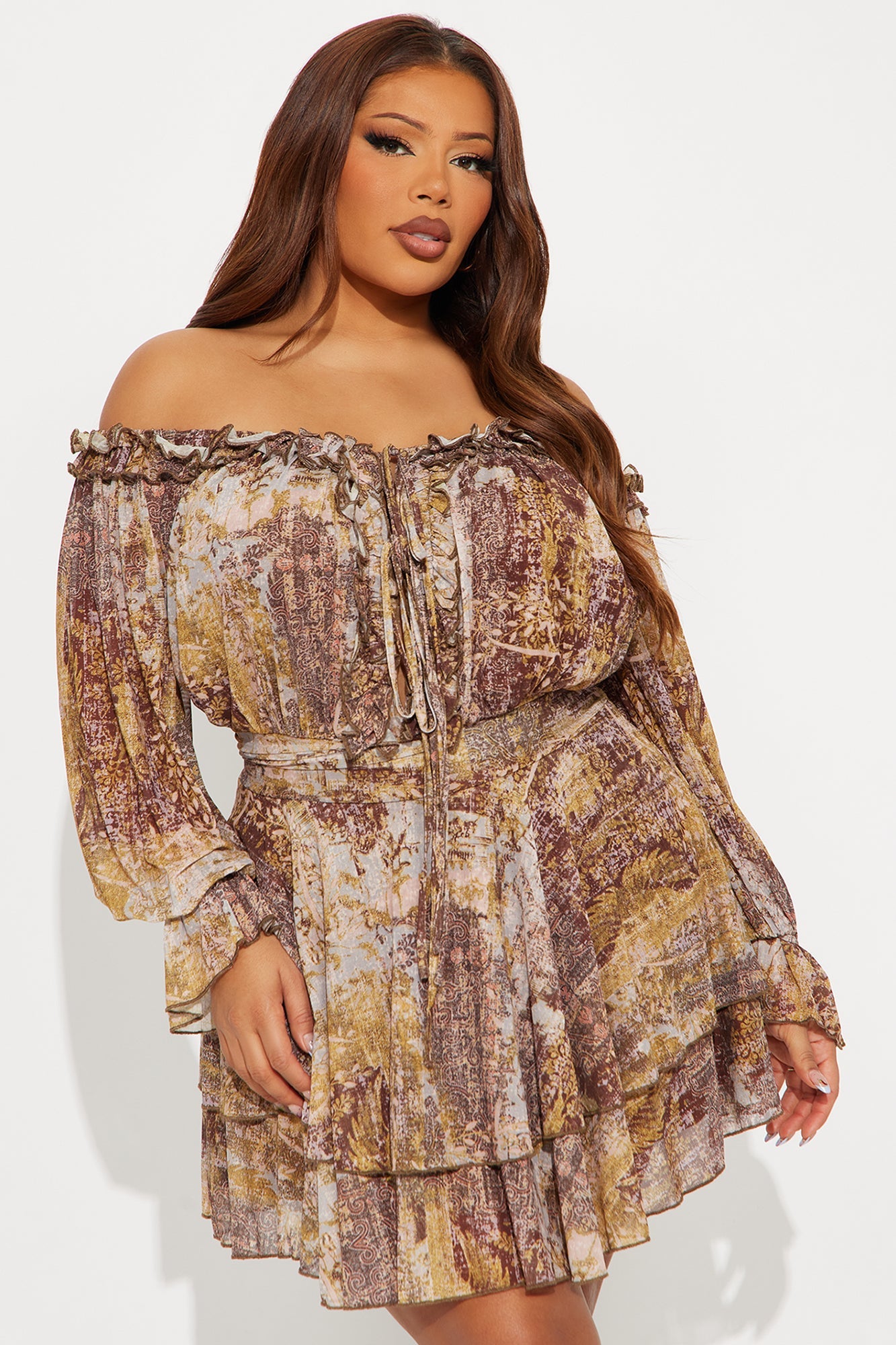 Annie Off Shoulder Mini Dress - Brown/combo