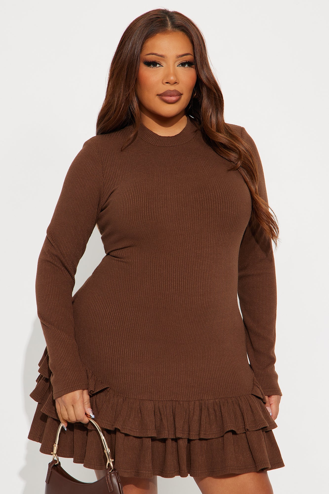 Carina Ruffle Ribbed Mini Dress - Chocolate