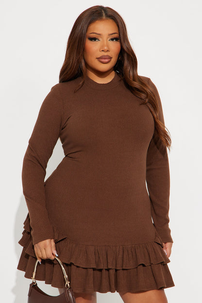 Carina Ruffle Ribbed Mini Dress - Chocolate