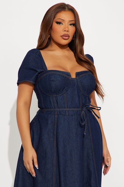 Sweet Chick Cap Sleeve Denim Midi Dress - Dark Wash