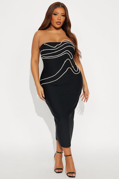 Rochelle Rhinestone Trim Bandage Midi Dress - Black