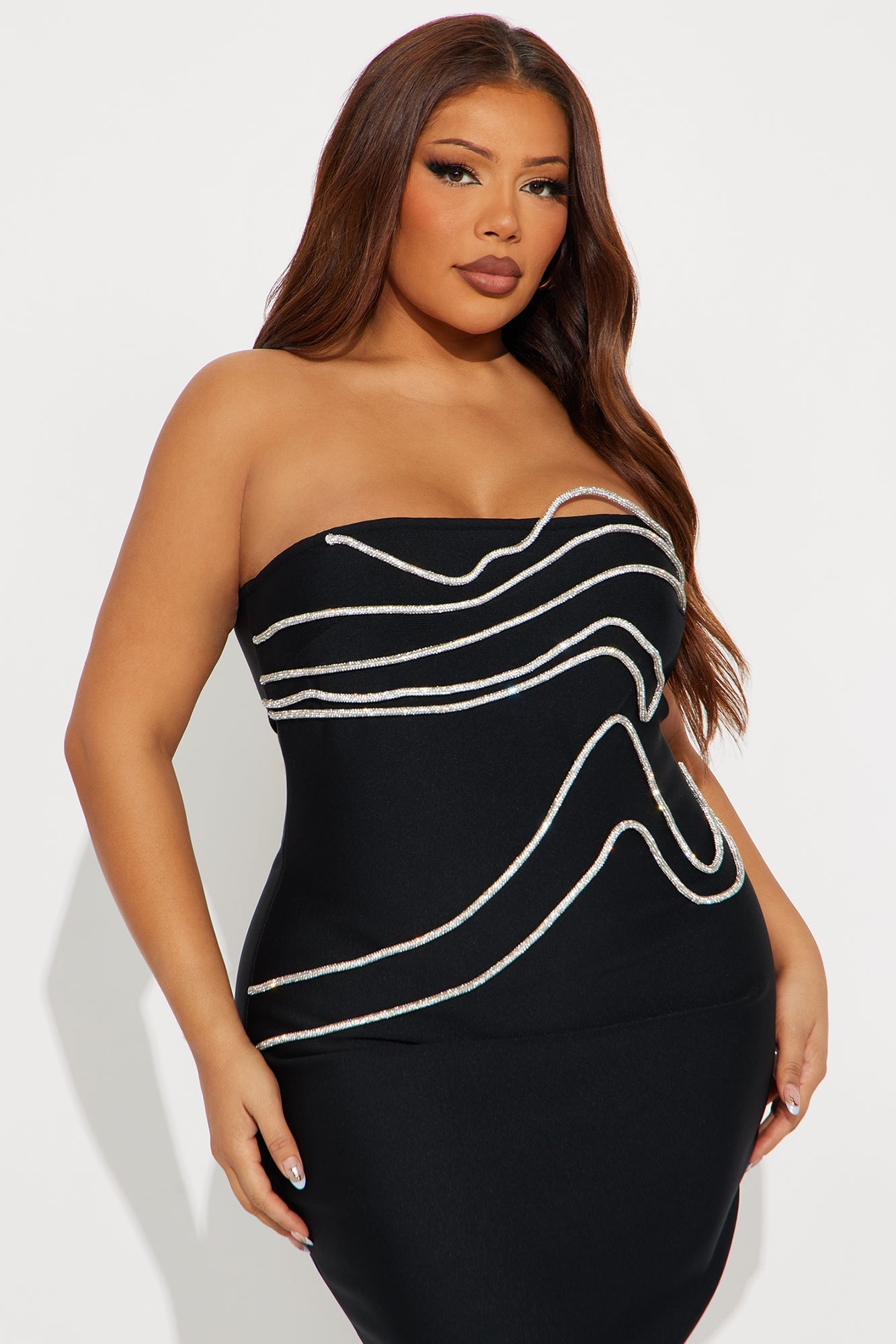 Rochelle Rhinestone Trim Bandage Midi Dress - Black
