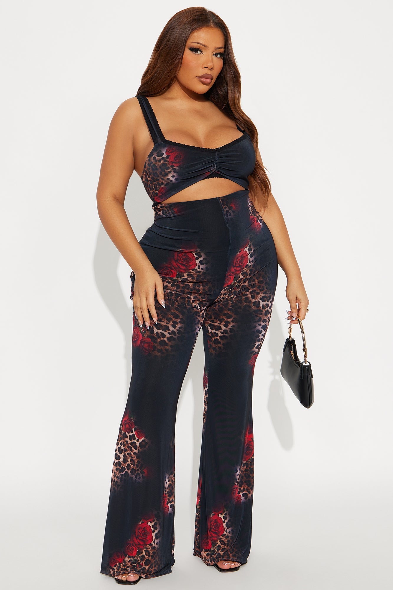 Eclipse Heat Leopard Mesh Flare Leg Jumpsuit - Black/combo