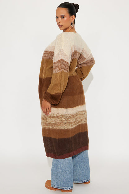 Lennon Color Block Long Cardigan - Brown/combo