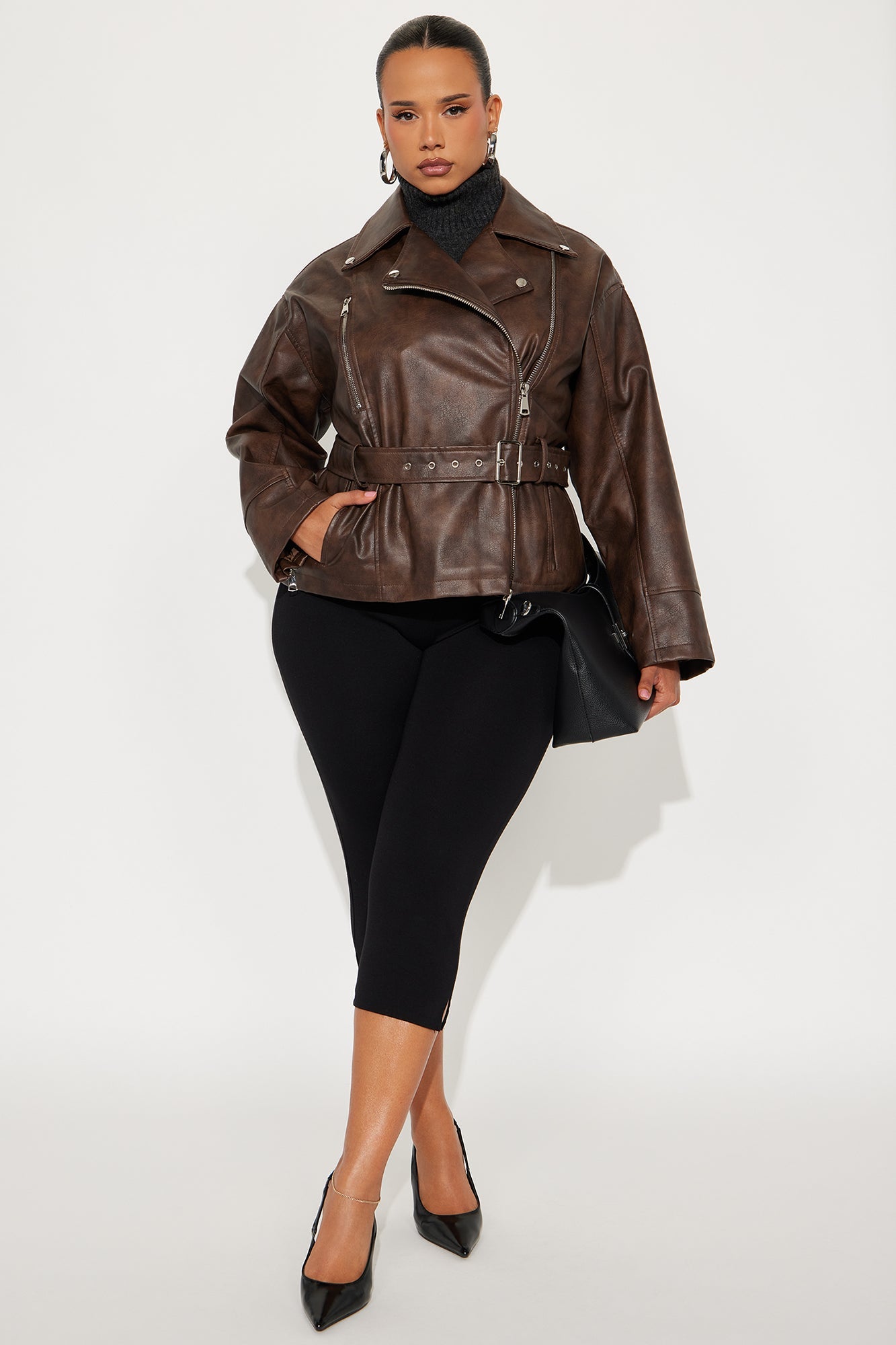 Kenny Washed Faux Leather Moto Jacket - Brown