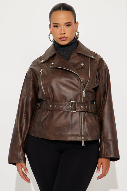 Kenny Washed Faux Leather Moto Jacket - Brown