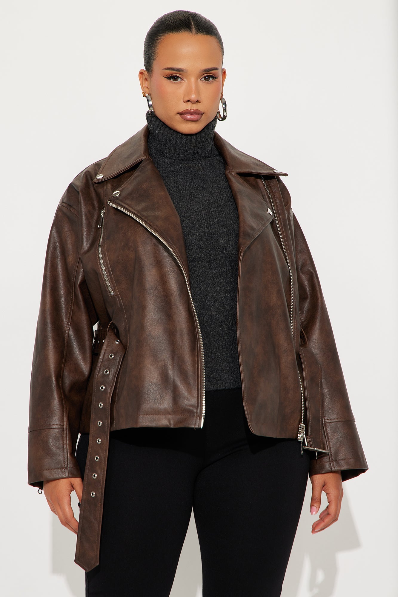 Kenny Washed Faux Leather Moto Jacket - Brown