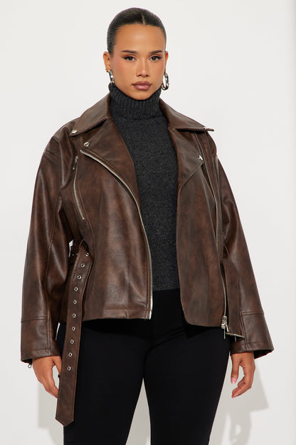Kenny Washed Faux Leather Moto Jacket - Brown