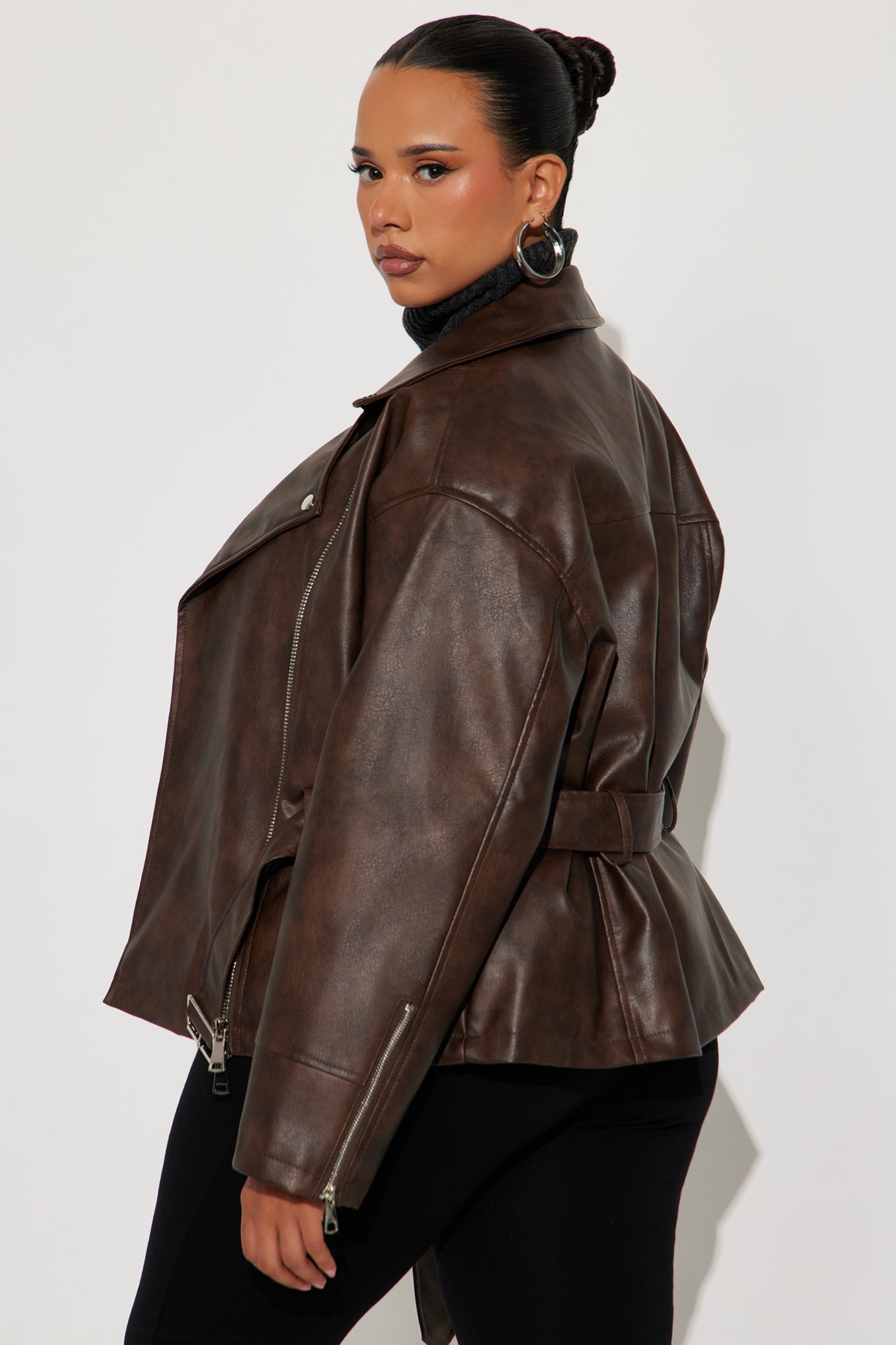 Kenny Washed Faux Leather Moto Jacket - Brown