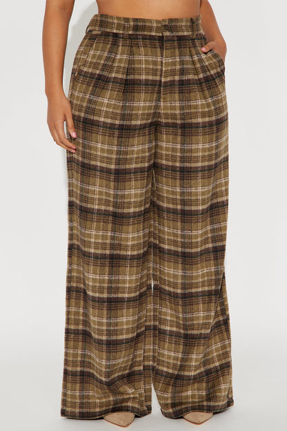 Out Your League Plaid Wide Leg Pant 33″ - Brown/combo