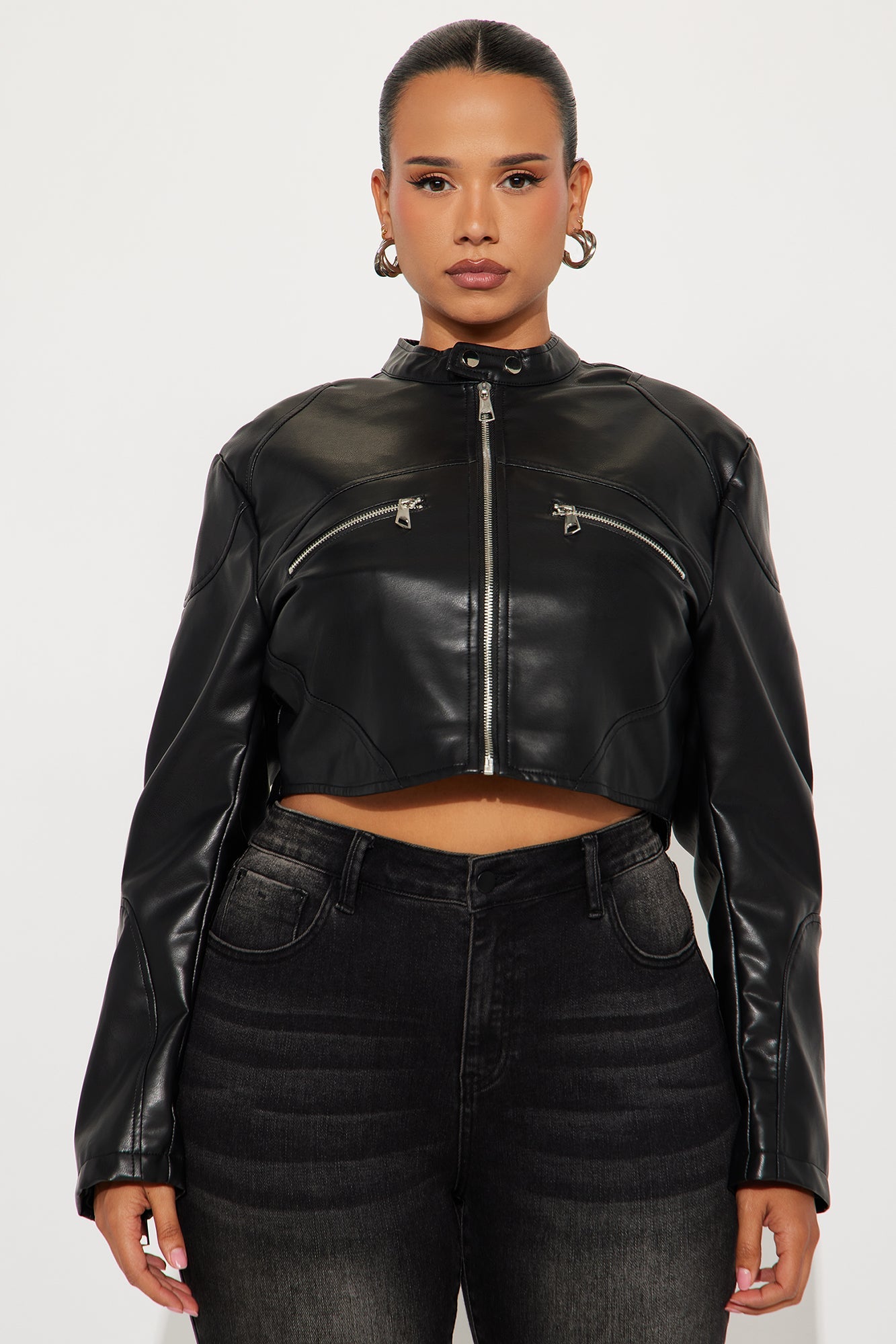 Mina Cropped Faux Leather Moto Jacket - Black