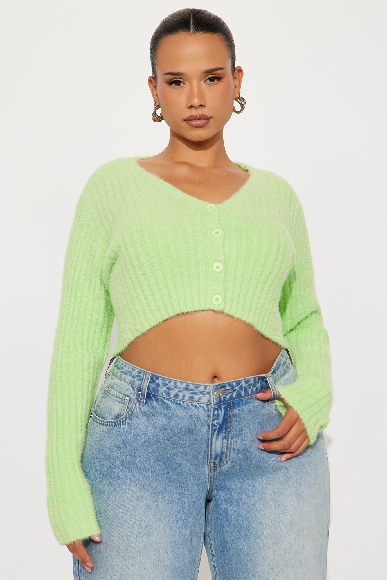 Make It Fun Cropped Fuzzy Cardigan - Lime