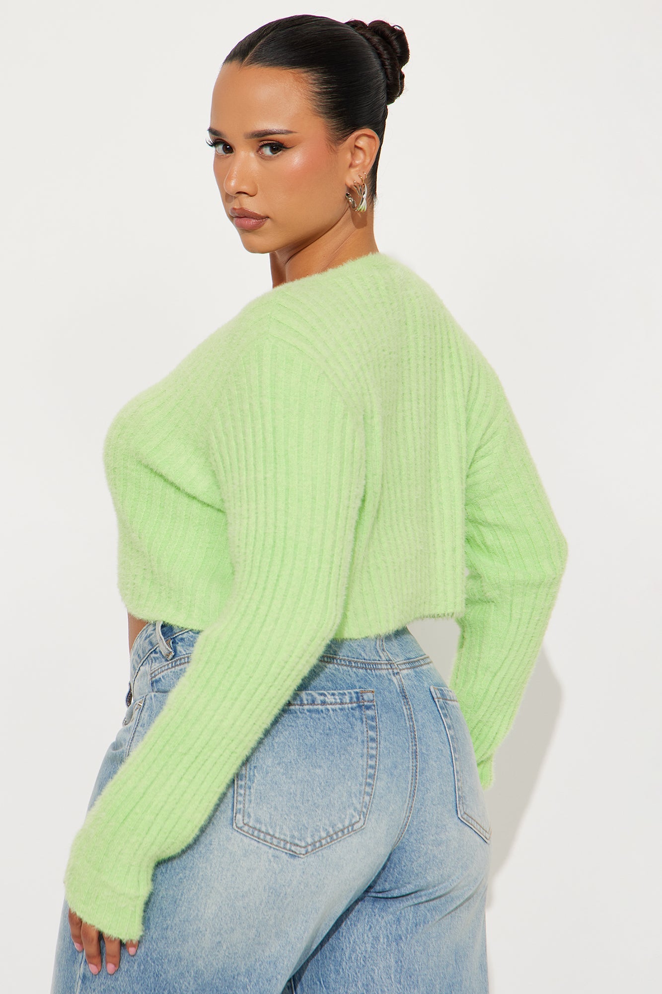 Make It Fun Cropped Fuzzy Cardigan - Lime