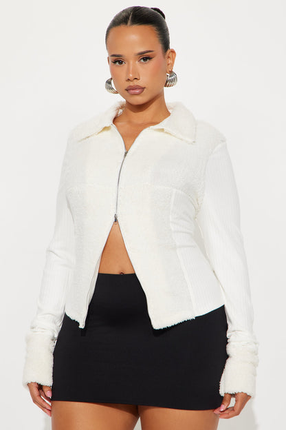 Jade Fur Trim Ribbed Top - Ivory