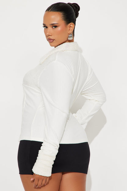 Jade Fur Trim Ribbed Top - Ivory