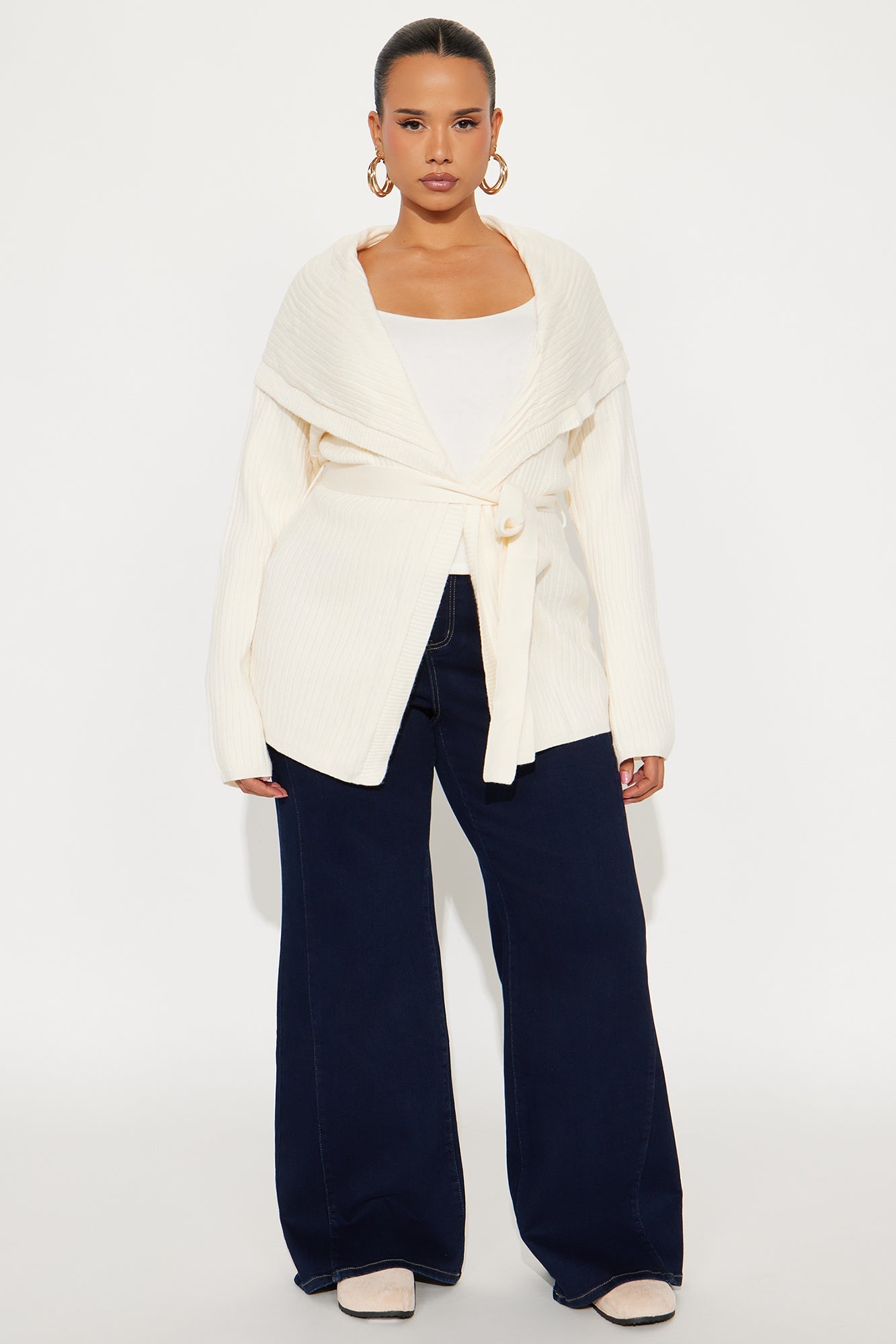 Cozy Queen Tie Waist Cardigan - Cream