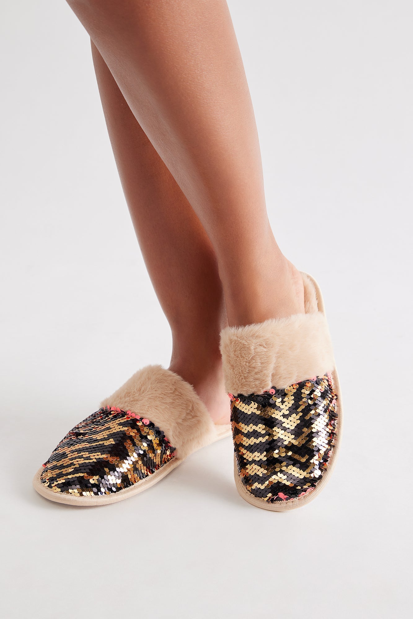 Glow Fur Trim Sequin Slippers - Gold