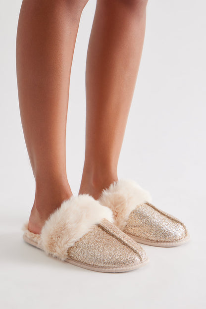 Bizzy Fur Trim Glitter Slippers - Gold