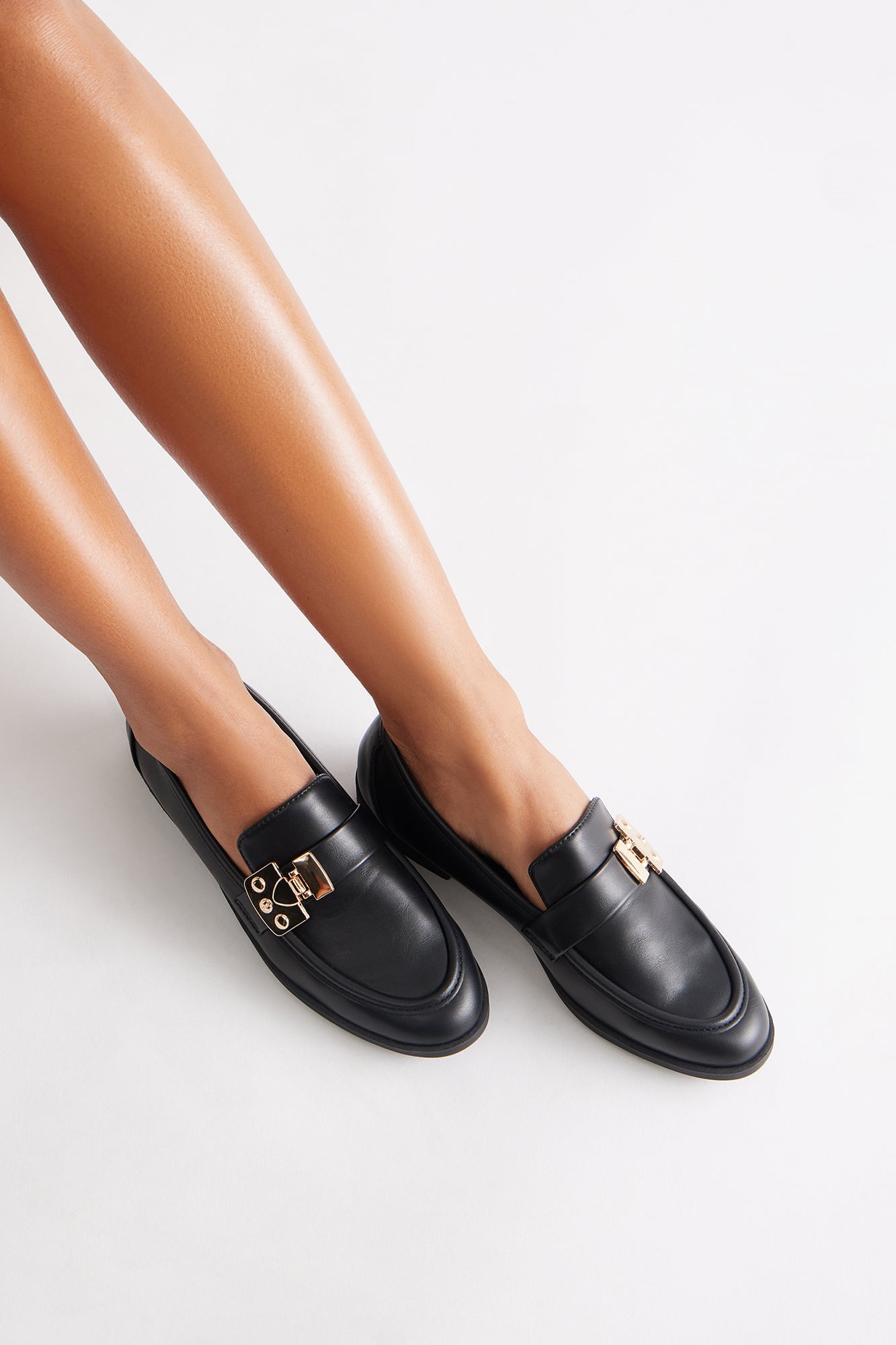 Junia Buckle Faux Patent Loafers - Black