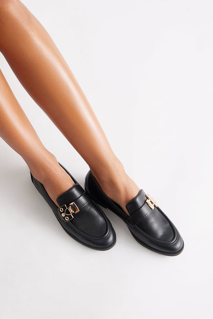 Junia Buckle Faux Patent Loafers - Black
