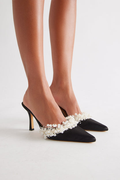 Pearl Party Satin Pumps - Black